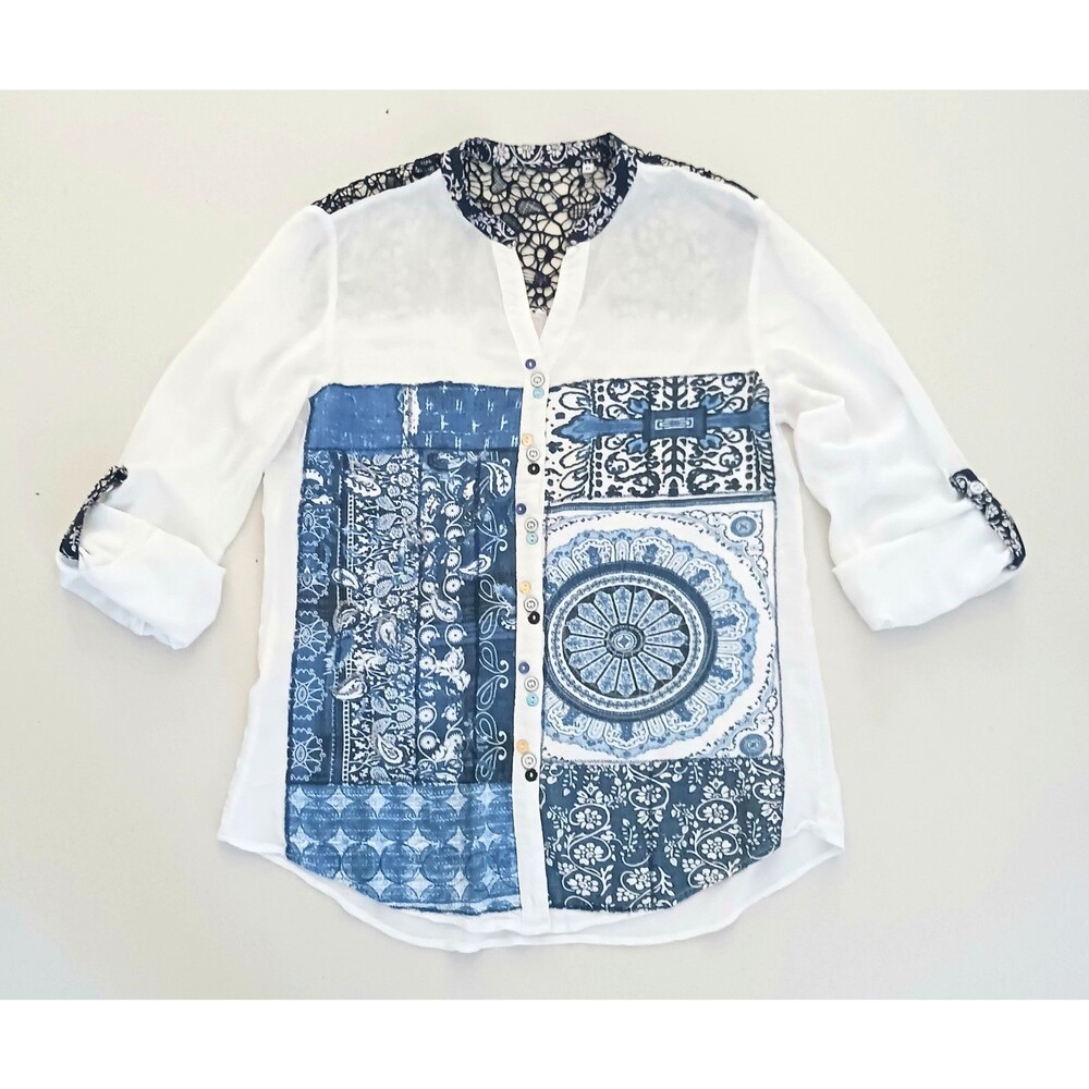 Desigual White Blouse Blue Embroidered Boho Panels Lace Roll Tab Sleeves Sz S/M